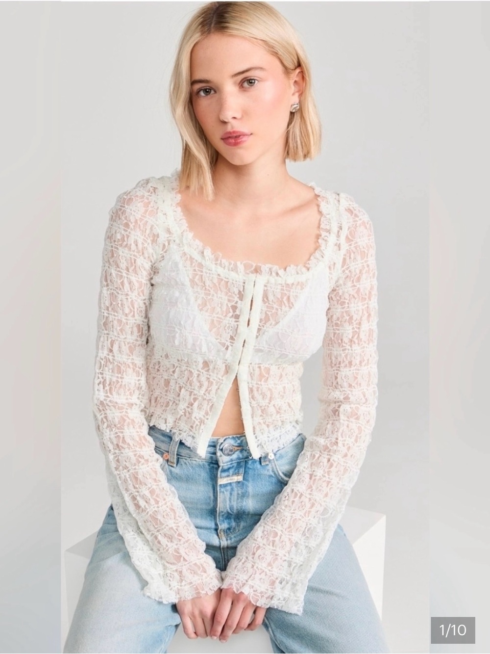 Free People White Sheer Lace Tie-Front Crop Top